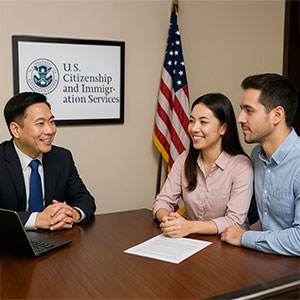 A legal professional sits with a couple in an office with an American flag.
