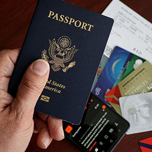 A hand holds a US passport over other travel documents and a calculator.
