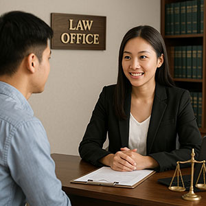 Smiling female lawyer meeting with a male client in an office labeled 