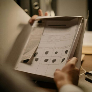 Hands holding a file open, revealing a document with fingerprints on it, suggesting a criminal investigation or legal proceedings.