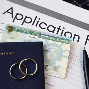 Green Card, wedding rings, and application; legal prep for U.S. marriage-based immigration interview.